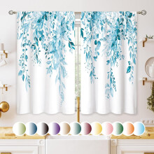 Rideaux de cuisine à motifs botaniques d'eucalyptus bleu, 70 x 99 cm, style champêtre, rideaux à volants fleuris pour évier, salle de bain et