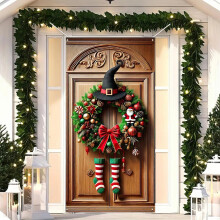 Rideau de porte de Noël – 35 x 71 pouces, motif nœuds multicolores, tissu en nylon et élasthanne pour la décoration des fêtes