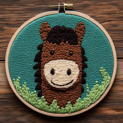 Σετ βελόνας τρυπήματος: Χαριτωμένο καφέ άλογο σε πράσινο χρώμα, εύκολο για