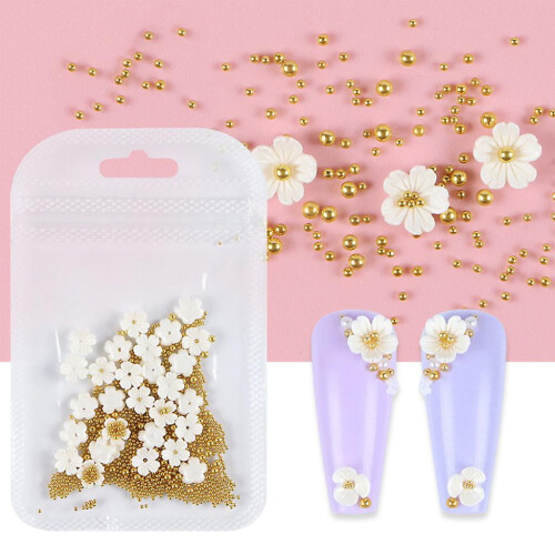 Pérolas de caviar para unhas, pingentes de flores prateadas para unhas, apliques de unhas 3D 1