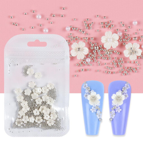 Pérolas de caviar para unhas, pingentes de flores prateadas para unhas, apliques de unhas 3D 2