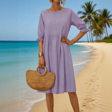 Damenmode: Unifarbenes Leinen-Baumwollkleid mit V-Ausschnitt, Rüschen, lockerer Passform, leicht und atmungsaktiv – ideal für Sommer und