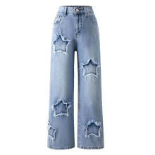 Girl Pants,Teen Girls Wide Leg Jeans Star Decor Elastic Waist Casual Comfort Pants Autumn Fashion Daily Playwear,School Kids Clothes,Blue,12-13 Years
