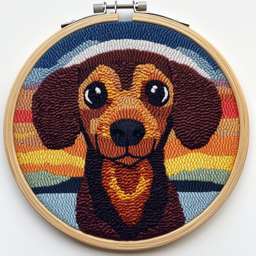 Σετ βελόνας διάτρησης: Χαριτωμένο καφέ dachshund με σχέδιο ηλιοβασιλέματος – Σετ