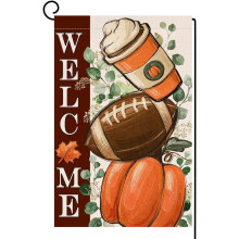 Tuinvlag met herfstvoetbal en pompoenmotief, 12x18 inch, dubbelzijdig, jute, esdoornbladeren en welkomstontwerp voor de herfst/Thanksgiving – BW831