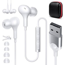 USB-hovedtelefoner med mikrofon til pc, 2,1 meter kabel, støjreducerende, mute-funktion, kompatibel med Dell, Surface, HP – hvid