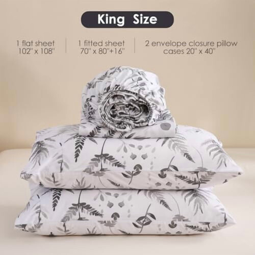 Σετ σεντόνια boho με λουλούδια, μέγεθος King, 4 τεμάχια, γκρι, βότανα, φτέρες, τυπωμένα 1