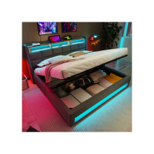 Upholstered Double Bed with LED Lighting, USB Type-C Charging, and Storage Headboard (180x200 cm) Linen Gray (Mattress Not Included)