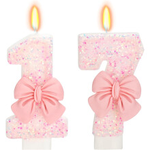 Number 17 Pink Bow Birthday Candle, 3" Tall, Smokeless, Non-Toxic, Modern Style, Celebration Decoration