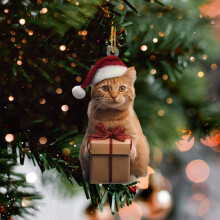 Cute Orange Cat in Santa Hat Acrylic Keychain, 2.761.97", Festive Christmas Tree Ornament & Holiday Gift