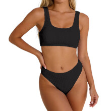 Conjunto de biquíni feminino, biquíni canelado de duas peças com top de alças largas e maiô de cintura média para praia, biquíni feminino,
