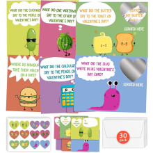 Funny Valentine's Day Cards for Kids, 30-Pack with Stickers