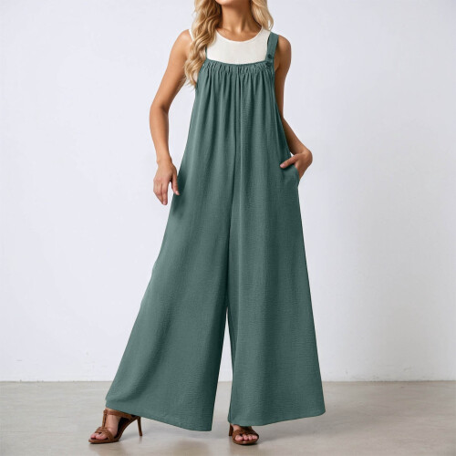 Macacão feminino de pernas largas com bolsos, macacão comprido sem mangas plus size. 1