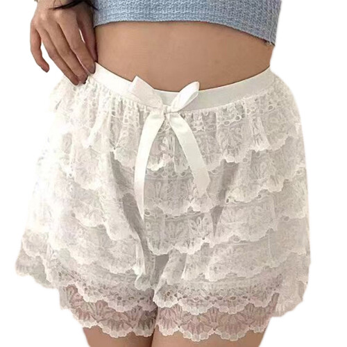 Calcinha feminina de renda com camadas, babados e laço.