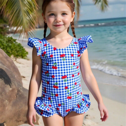 Μαγιό Tankini με φλοράλ print και βολάν για κορίτσια 3-4 ετών, μπλε, για παραλία και 1