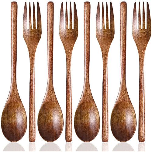 Conjunto de 8 peças de colheres e garfos de madeira para sopa, 23 cm (9 polegadas)