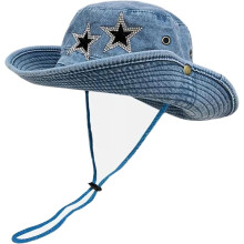 Jeans-Denim-Cowboyhut für Damen, Y2K-Kristallstern-Waschung, Bucket Hat mit Kordelzug, Sonnenschutz, faltbarer Safari-Boonie-Hut