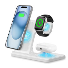 Luchtaire gan sreang fillte 3-in-1 le haghaidh iPhone iWatch
