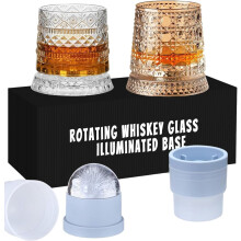 2PC Rotating Whiskey Glasses with Light-up Spinning Base & Ice Cups – Compatible with Bourbon, Old Fashioned