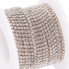 Brass Rhinestone Strass Chains Rhinestone Cup Chains with Spool Silver color Plated 2mm 10yards/roll