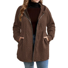 Windproof Hooded Jackets Women's Loose Fit Breathable Long Sleeve Zip Up Cable Knit Sweater Cardigan Coat with Pockets