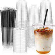 Sparklane, paquete de 100 vasos desechables de plástico transparente de 16 oz con tapas y pajitas, compatibles con bebidas frías, granizados,