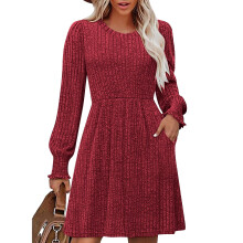 Geripptes Strickkleid, langärmeliges, figurbetontes Midikleid mit Rundhalsausschnitt, vielseitiges Basic-Kleid zum Kombinieren, fürs Büro und den