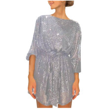 Locker geschnittenes Pailletten-Cocktailkleid mit langen Ärmeln für Damen – Silber, Größe 2XL, geeignet für Abschlussball, roten Teppich und