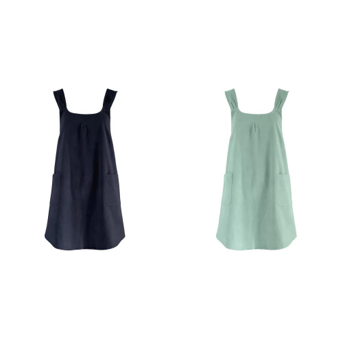 Vestido avental feminino em algodão e linho com 2 bolsos.