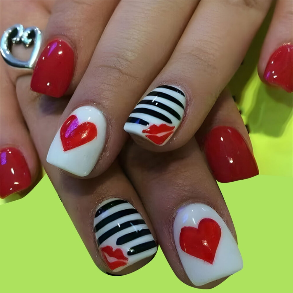 French Fake Nail Valentine Designs False Nail,Artificial Nail Glues on Nail Set