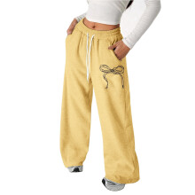 Girl Pants with Bow & Drawstring, Loose Fit Straight Leg Trousers for Kids 10-11Y, Yellow Z01 – Compatible with School & Play