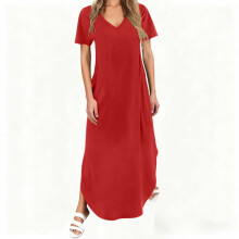 Women's V-Neck short sleeve dress with pockets, loose fit,