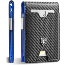 Men's Slim RFID-Blocking Leather Wallet with Money Clip, 11 Card Slots, Carbon Fiber Bifold – Gift Boxed (Carbon Blue)