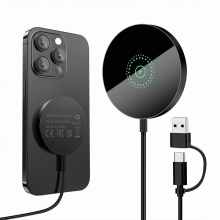 FU1999Magnetisk trådlös laddare, 15W 2-i-1 för iPhone 16/15/14/13/12-serien och AirPods 4/3/Pro — kompatibel med iPhone 16/15/14/13/12 och