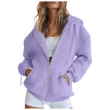 Damhuvtröja med dragkedja och ficka, enfärgad lila tröja, casual streetwear loungewear – kompatibel med 2XL