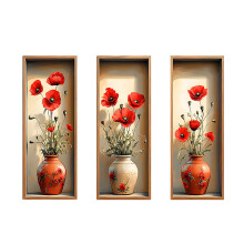 Elegant 3-delat väggkonstset med inramad canvas med röda vallmoblommor i vaser för heminredning, vardagsrum, sovrum