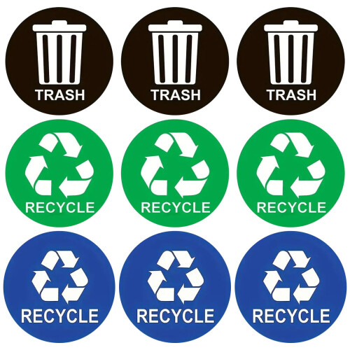 Etiquetas adesivas para lixeiras de reciclagem, redondas de 5 polegadas, pacote com 9 unidades.