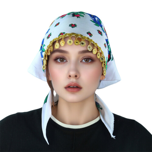 Ethnic Headscarf Triangular Gold Tassels Headwrap for-White
