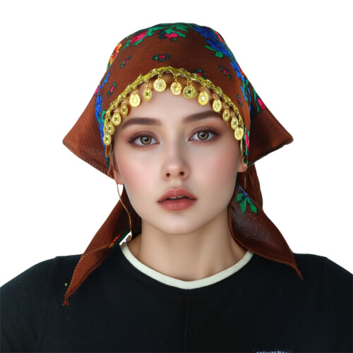 Ethnic Headscarf for Women Triangular Gold Tassels-Coffee