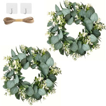 Couronne de 2 pièces de 35,5 cm (14 pouces) en eucalyptus artificiel pour porte d'entrée, avec corde et crochets – Décoration