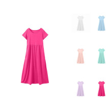 Ensfarget lang kjole med lommer til jenter – rund hals, korte ermer, alder 3–12, ferieantrekk, kompatibel med rosa kjolestil