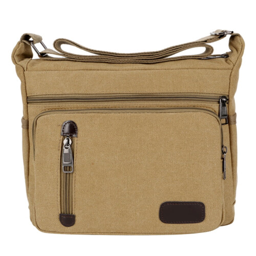 Khaki Canvas Shoulder Bag for Men with Document Pockets