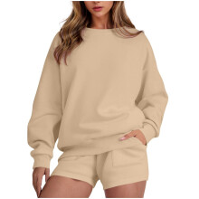 Conjunto de moletom feminino casual de manga comprida e gola redonda | Conjunto de duas peças em cor sólida para relaxar | Shorts e blusa