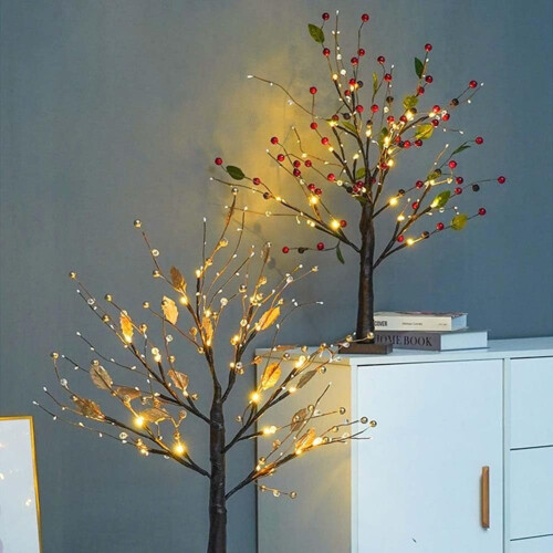 pièces Arbre scintillant à fleurs de baies rouges, branches lumineuses LED 1