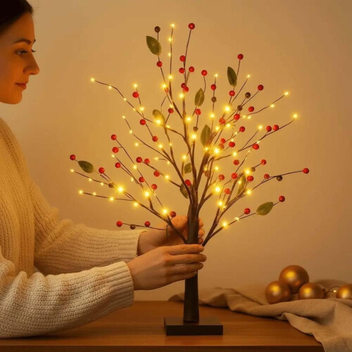 pièces Arbre scintillant à fleurs de baies rouges, branches lumineuses LED 2