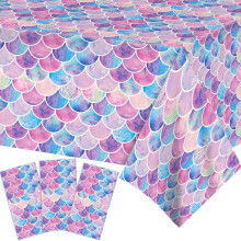 QIANJIA Paquete de 3 manteles con estampado de escamas de sirena de 87x51 pulgadas, mantel de plástico para fiesta de sirenas, ideal para