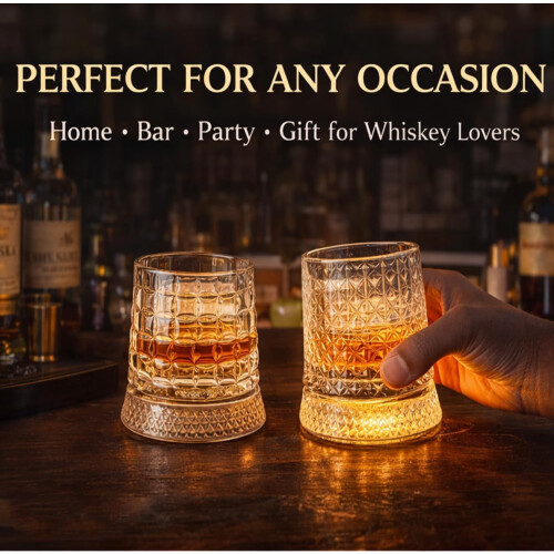 Conjunto de 2 copos de uísque giratórios com base iluminada e compartimentos para gelo – Compatíveis com bourbon e old fashioned. 1