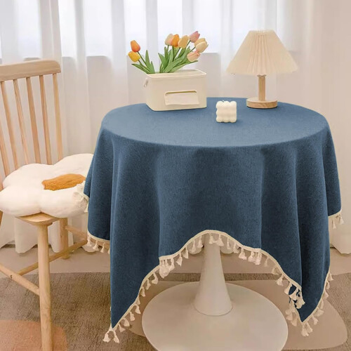 Cotton-Linen Round Tablecloth Navy Blue 100cm