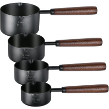 Lot de 4 tasses à mesurer en acier inoxydable noir avec manche en bois – Cuillères doseuses de 1, 1/2, 1/3 et 1/4 de tasse pour la farine, les