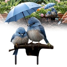 Estaca de jardim em acrílico com pássaro azul e guarda-chuva, decoração plana 2D para gramado, fácil instalação, 24 x 30 cm